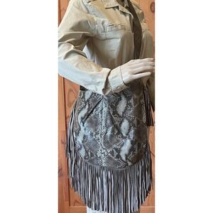Camila Alves MUXO Python Embossed Suede Fringe Hobo Shoulder Bag Brown Taupe